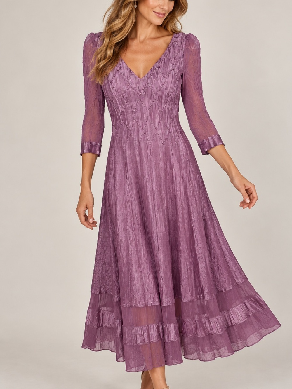 Komarov Women’s Medium Purple Crinkle Midi Dress Sheer Sleeves